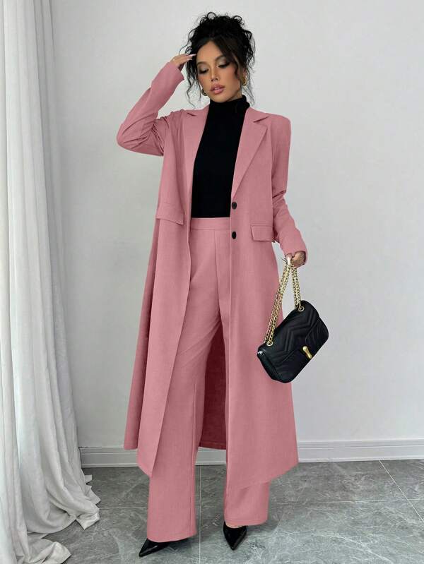 Elenzga Deep Gray Oversized Lapel Drop Shoulder Long Jacket & Pants Suit Set For Women Fall Cloth For Women