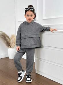 SHEIN 2pcs Young Girl Casual Loose Comfy Hoodie And Pants Set, Versatile Minimalist Outfit,Buy One Get One Free,Great For Casual & Daily Wear & School Daily In Spring And Autumn,Mom And Daughter Matching,Sister And Me Matching