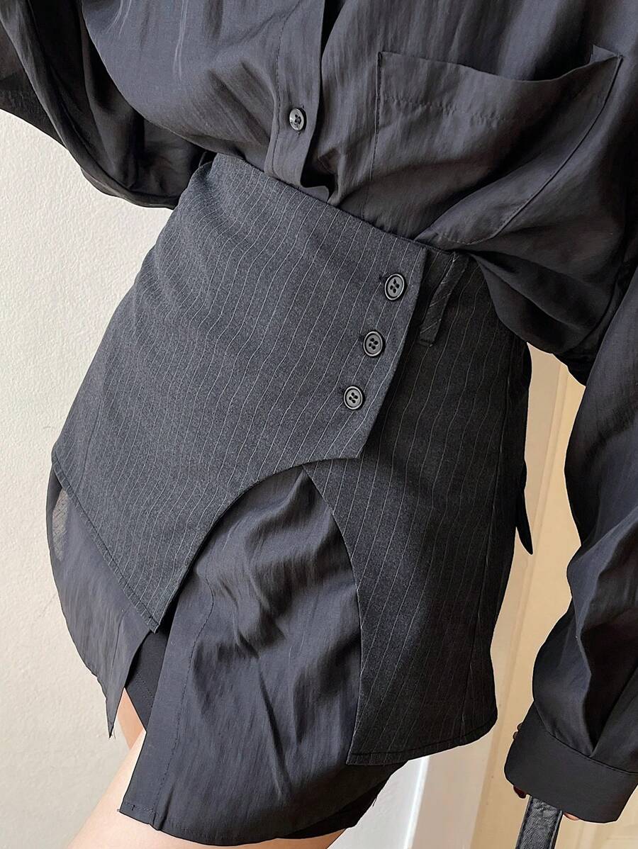 DAZY Women's Asymmetric Striped Button Waist Band Skirt Fall Skirts - Dark Grey - View 1