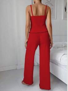 EURMUSE 2 件棉质蕾丝边吊带背心，带蕾丝细节家居服套装 - 紅色 - 查看 2