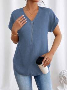 EMERY ROSE 女士纯色前拉链短袖休闲上衣，日常穿着 - 藍色 - 查看 4