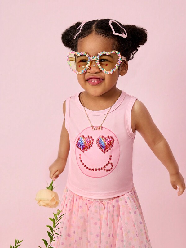 Baby Girls Shiny Faux Gems Sparkling Heart & Smiling Face Print Tank Top, Showcasing Cute And Lively Design, Suitable For Valentine's Day, New Year And Spring/Summer Season