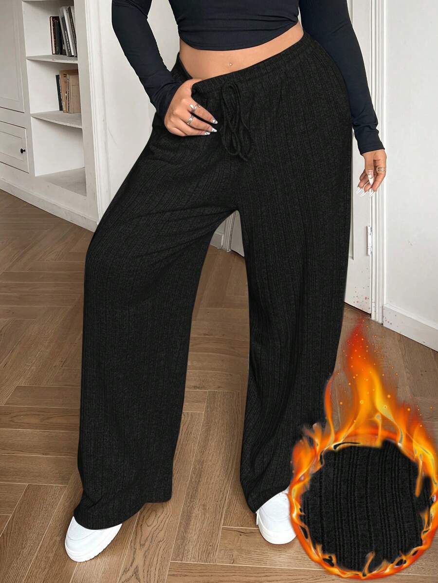 SHEIN EZwear Plus Size Women Solid Color Drawstring Waist Ribbed Wide Leg Loose Casual Pants - Black - View 1