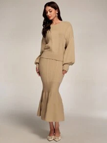 Modelyn 2pcs Solid Color Knitted Sweater Set - Long Sleeve Top And Mini Skirt, Casual Minimalist Outfit For Everyday Wear 2 Pieces Set