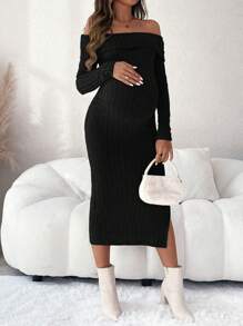 SHEIN Maternity Solid Color Off-Shoulder Side Slit Bodycon Dress, Casual Autumn/Winter - Black - View 3