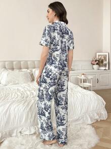 Serenescape Printed Lapel Short Sleeve & Long Pants Pajama Set - Blue - View 3