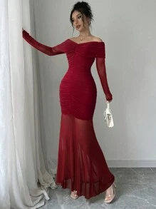 Firerie Elegante off-shoulder gerimpelde jurk voor dames, rode lange jurk, nieuwjaar, Valentijnsdag