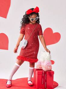 Vestidos para niñas preadolescentes - Vestido de manga corta con empalme, cuello de piel sintética y tela brillante en rojo elegante y de estilo callejero para niñas preadolescentes. Con un diseño glamoroso y encantador, adecuado para fiestas de Año Nuevo, salidas, San Valentín y todas las estaciones.
