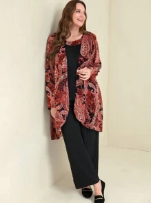 SHEIN Clasi طقم كاجوال للنساء بمقاسات كبيرة، ملابس علوية طويلة الأكمام بطبعة زهور الكاجو من الشيفون وبنطال - متعدد الألوان - مشاهدة 4