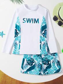 SHEIN 2 件装青少年男孩夏季休闲度假主题长袖泳衣上衣和泳裤 - 藍色 - 查看 5