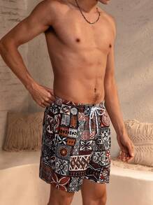 Manfinity VDAYZ 1 件男士度假几何印花抽绳腰宽松沙滩短裤（不对称印花）情侣装泳装度假 - 彩色 - 查看 5