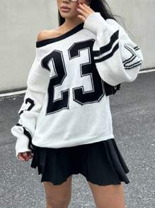 SHEIN EZwear Women's Asymmetric Collar Striped Casual Loose Long Sleeve Knit Sweater, Autumn/Winter