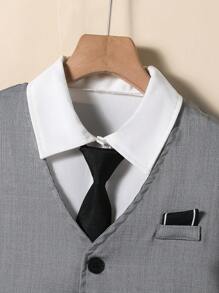 SHEIN 2pcs Tween Boy Gentleman Outfit - Vest, Long Pants Suit, Elegant Outfit For Birthday Party, Evening Party, Wedding, Christening, 1st Birthday (Vest + Pants) - Grey - View 7