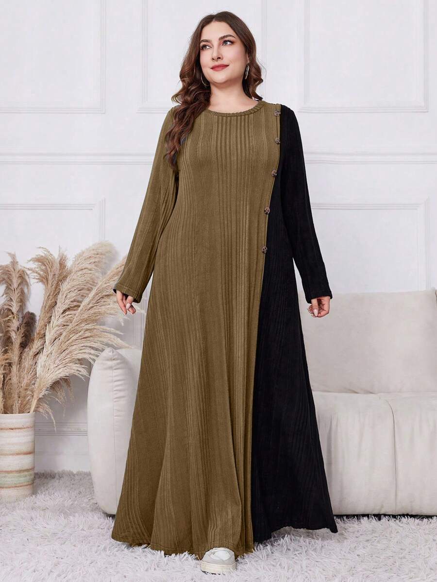 Al Najma Asymetryczna sukienka z długim rękawem w stylu "Distressed Colorblock", Plus Size, Jesień-Zima, Swobodne, Skromne sukienki w kształcie litery A o długości maxi, Na co dzień/podróż/do domu