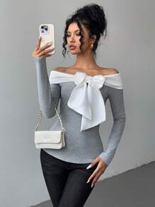Chiquease Women Elegant Contrast Color Off Shoulder Bowknot Tie T-Shirt, Autumn