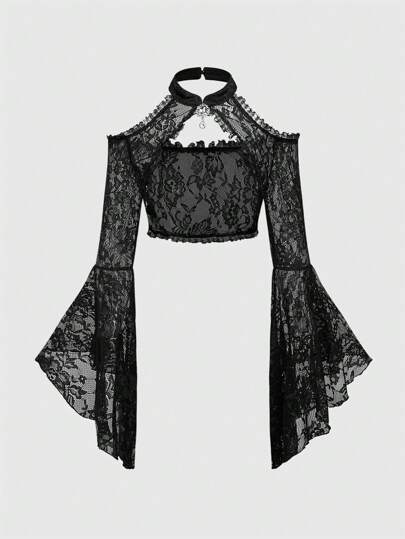 Goth Top corto con scollo a spalla bassa, maniche a campana e dettagli in pizzo, in stile gotico e da palazzo
