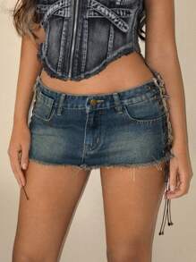 SHEIN ICON Sexy Hottie Ultra Short Mini Denim Tie-Up Skirt, Y2k Clothes Women - Medium Wash - View 4