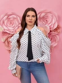SHEIN LUNE Plus Size Elegant Polka Dot Off Shoulder Long Sleeve Shirt New Year Summer Women's Clothing
