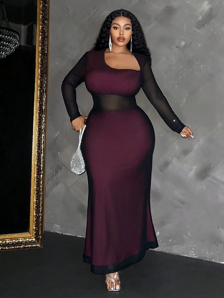 Maweii Plus Size Women Elegant Long Sleeve Asymmetrical Neckline Fish Tail Hollow Out Sexy Waisted Bodycon Dress Maxi Women Outfit Fall Cloth For Women - Hot Pink - View 1