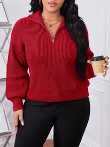 SHEIN Essnce Áo len chui đầu tay dài cổ bẻ cỡ lớn cho mùa thu/đông - Đỏ - Xem 6