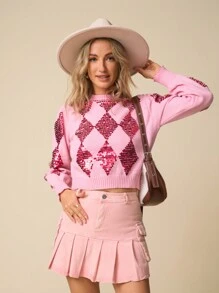 LanaWest Women's Fashion Multi Purpose Shiny Sequin Round Neck Puff Sleeve Long Sleeve Cropped Sweater, Autumn And Winter, Suitable For Parties, New Year Knit Pullover Fall