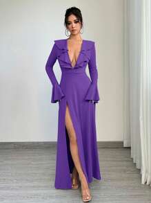 SHEIN SXY Herfst Dameskleding Effen Diepe V-hals Gerimpelde Split Tot Dij Sexy Lange Mouw Herfst Damesjurken Hoco Jurken