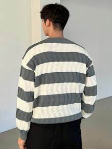 DAZY 休闲男士灰白条纹套头衫，简约时尚日常穿着，秋冬 - 彩色 - 查看 2