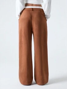 SHEIN EZwear Pantalones rectos elegantes de oficina para mujer con bolsillos y cinturón de color a bloque