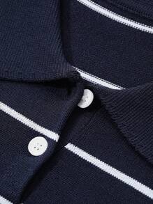 DAZY Women Point Collar Short Sleeve Striped Knitted Top - Navy Blue - View 7