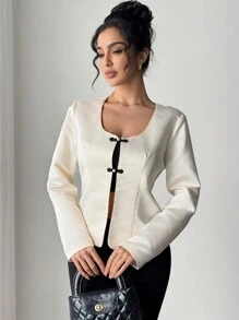 Chiquease 杏色缎面长袖开衫，双扣装饰，圆领，短款，秋冬季百搭女士夹克 - 杏色 - 查看 4