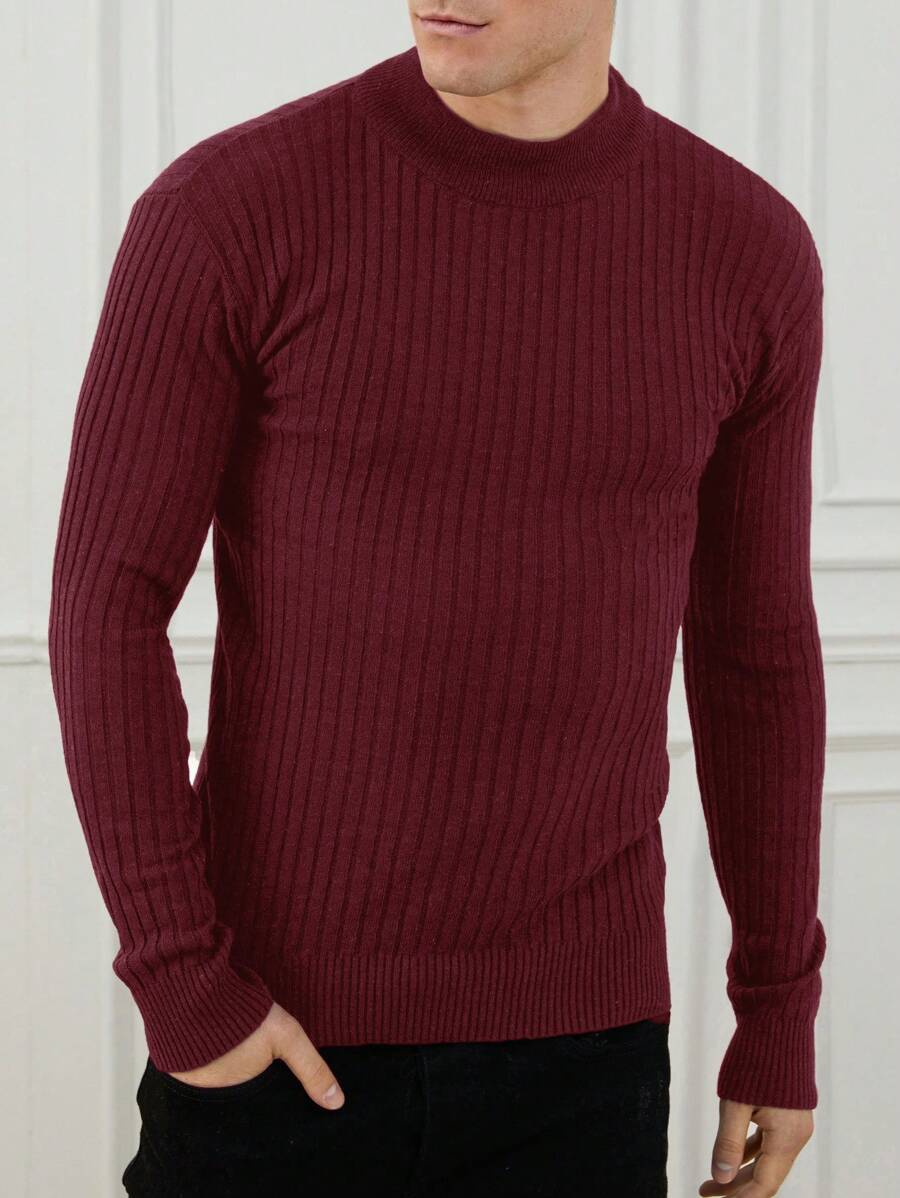 RueChic Men'S Stand Collar Long Sleeve Sweater - Burgundy - View 1