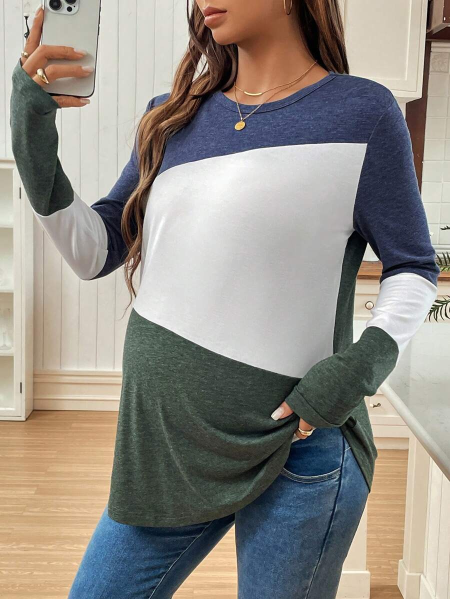 SHEIN 拼布秋季孕妇 T 恤，针织简约时尚休闲日常穿着 - 彩色 - 查看 1