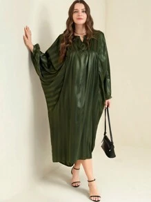 SHEIN Clasi 亮面翻领铆钉纽扣蝙蝠袖条纹连衣裙长款女装 - 彩色 - 查看 1