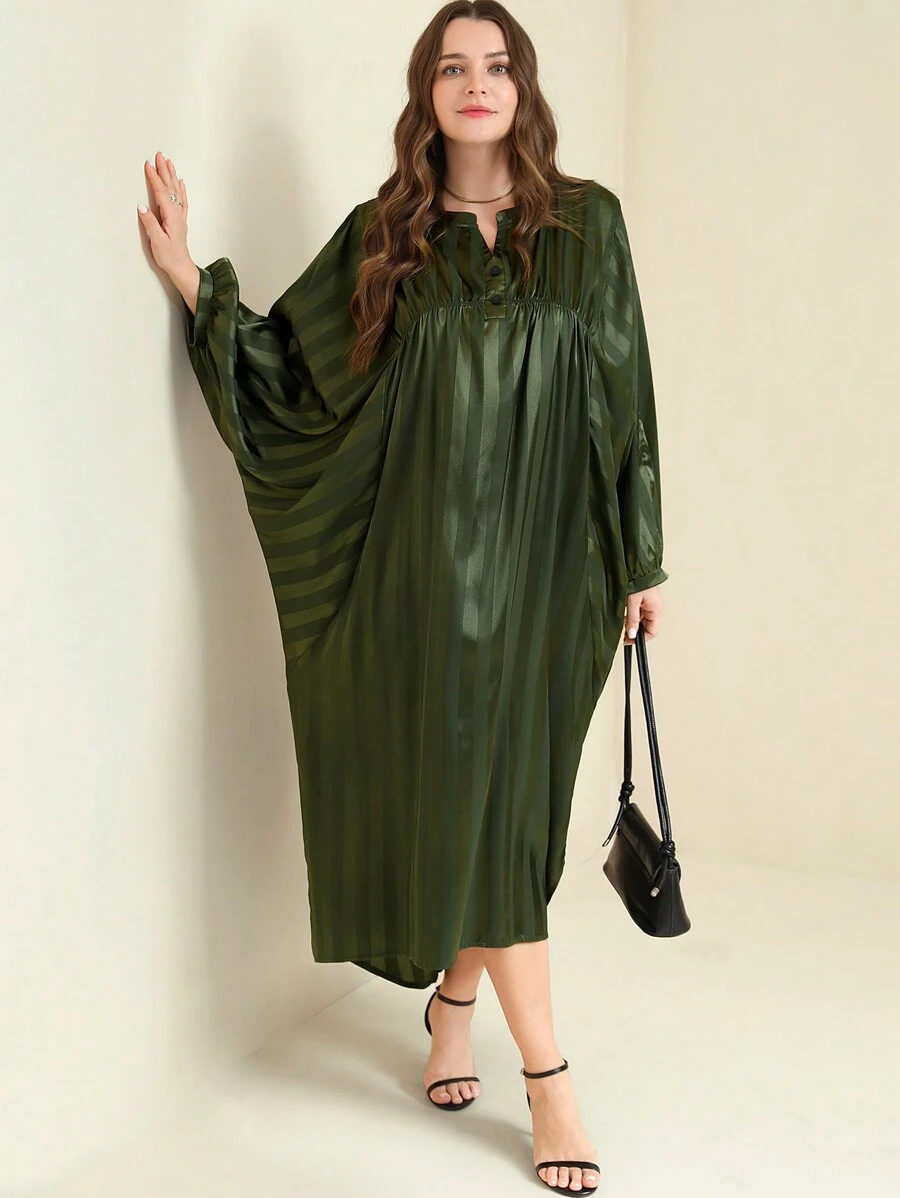 SHEIN Clasi 亮面翻领铆钉纽扣蝙蝠袖条纹连衣裙长款女装 - 彩色 - 查看 1