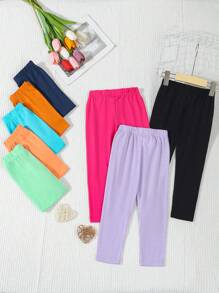 8 件套年轻女孩休闲舒适纯色松紧腰紧身裤 - 彩色 - 查看 2
