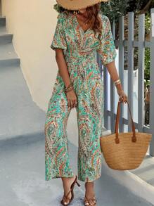 Breezaya Women's Boho Shirred Tie Waist Retro Printed Jumpsuit Pants