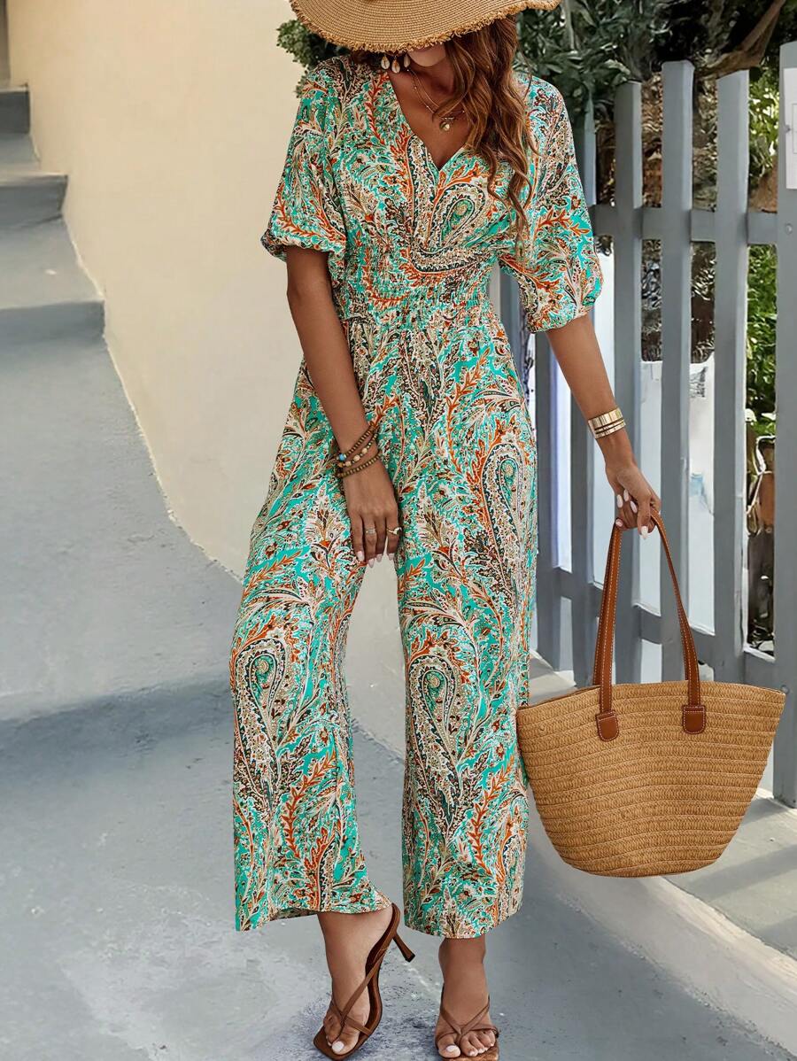 Breezaya Women's Boho Shirred Tie Waist Retro Printed Jumpsuit Pants