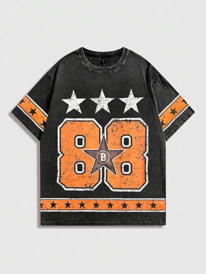 Prep تي شيرت رجالي كاجوال بياقة دائرية وأكمام قصيرة بطباعة أرقام بأسلوب تريكو كرة القدم