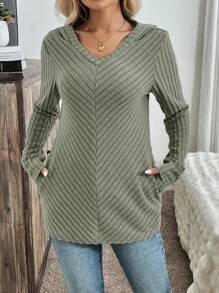 SHEIN LUNE Women's Autumn/Winter Raglan Sleeve Hoodie T-Shirt, Front Distressed Panel, Side Pockets, Casual Loose Fit