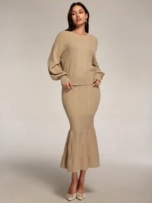 Modelyn 2pcs Solid Color Knitted Sweater Set - Long Sleeve Top And Mini Skirt, Casual Minimalist Outfit For Everyday Wear 2 Pieces Set