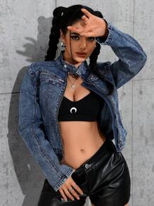 SHEIN EZwear Áo khoác denim giản dị mùa thu cho nữ có khóa kéo, tay dài - Rửa trung bình - Xem 6