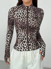 Flirla 1 件女士休闲日常家居服外出运动豹纹立领拉链装饰修身轻便夹克 - 彩色 - 查看 5