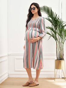 SHEIN 1 件孕妇泡泡袖条纹连衣裙，彩色 - 彩色 - 查看 5