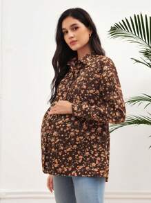 SHEIN Blusa de manga larga con estampado floral, botones y cuello de solapa para maternidad