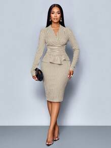 SOLERSUN Women's Winter Clothing Elegant Commuting Business Valentine's Day New Year's Party, Christmas Three-Dimensional Knitted Striped V-Neck Waist 2 In 1 Asymmetric Waist Mid-Length Brown Dress - Apricot - View 5