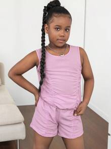 Conjunto de 2 piezas para niñas preadolescentes: top de tirantes acanalado de cuello redondo con pliegues y shorts, adecuado para salir, ir a la escuela y vacaciones de primavera/verano