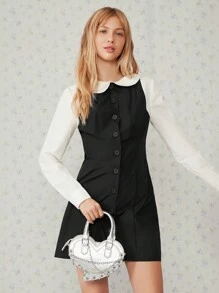 Easelle 女式彼得潘领长袖衬衫式修身短裙 - 黑與白 - 查看 1
