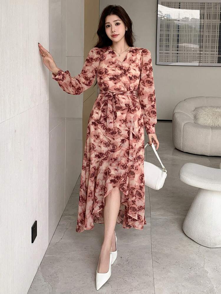 Women's Elegant Floral All-Over Print Long Wrap Dress, Autumn,Fall Women Clothes Long Sleeve Dress Maxi Dress
