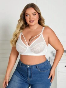 Sujetador de encaje con refuerzos de talla grande, lencería de encaje inalámbrica sexy, ajustable para busto grande, otoño/invierno - Blanco - Ver 4