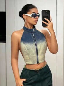 SHEIN ICON Atasan Tanpa Punggung Denim Ombre Washed Kerah Tegak Ukuran Kecil Wanita Gaya Y2k dengan Resleting Ganda - Light Wash - View 1
